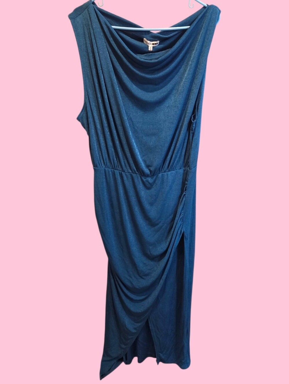 Fashion Nova Teal Asymmetrical Draped Dress